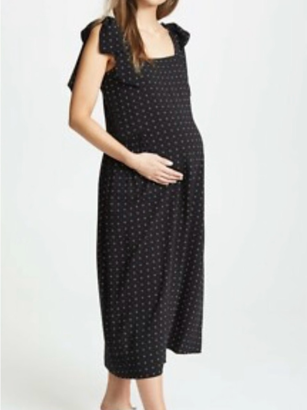 Hatch Maternity Black Midi Dress with White Microdots and Tie Straps